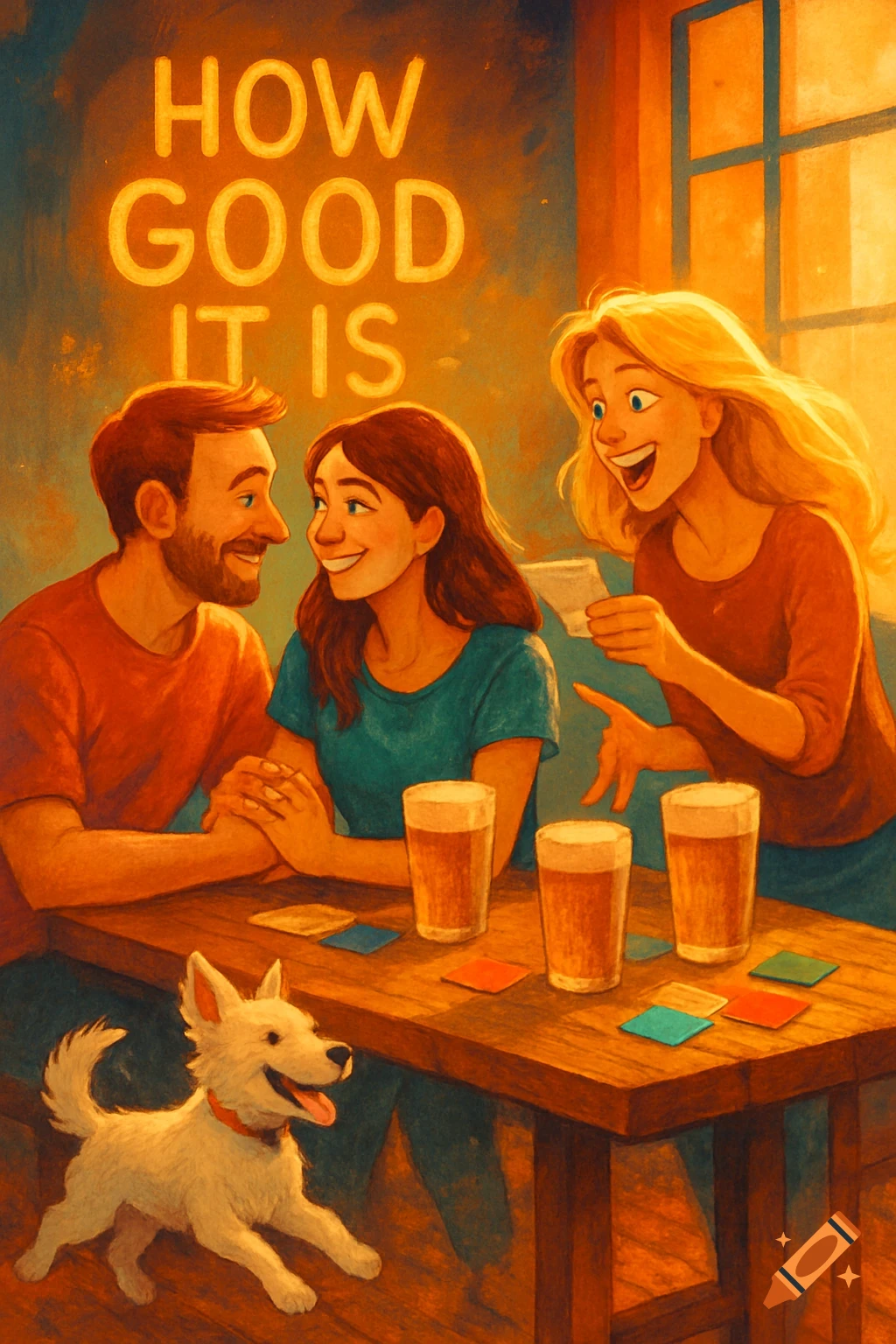 An illustration of a couple and a woman drinking beer and playing trivia at a table with a white dog below, under a neon sign that says "HOW GOOD IT IS."