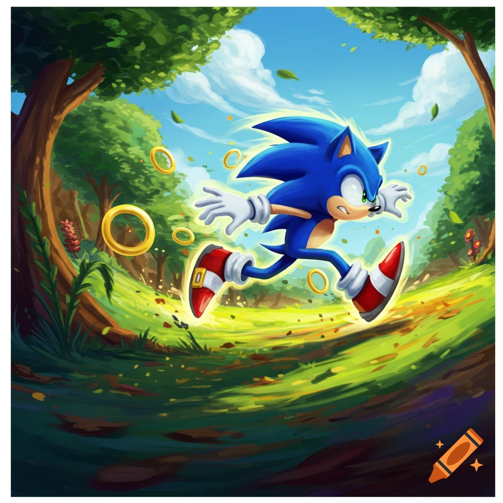 Vibrant cartoon of blue Sonic the Hedgehog running through a green forest, surrounded by golden rings and falling leaves.