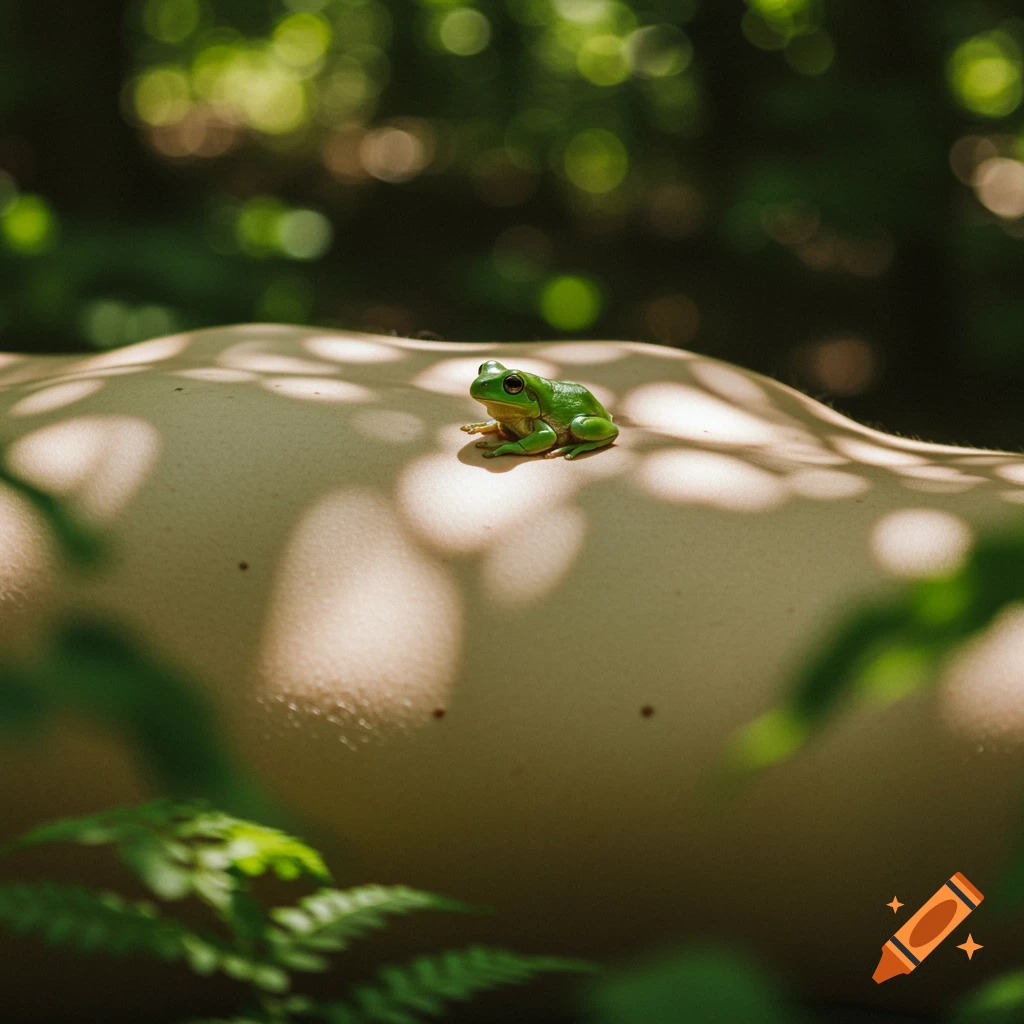 A small green frog sits on a person's bare back or stomach, dappled with sunlight and shadows from overhead leaves in a forest.
