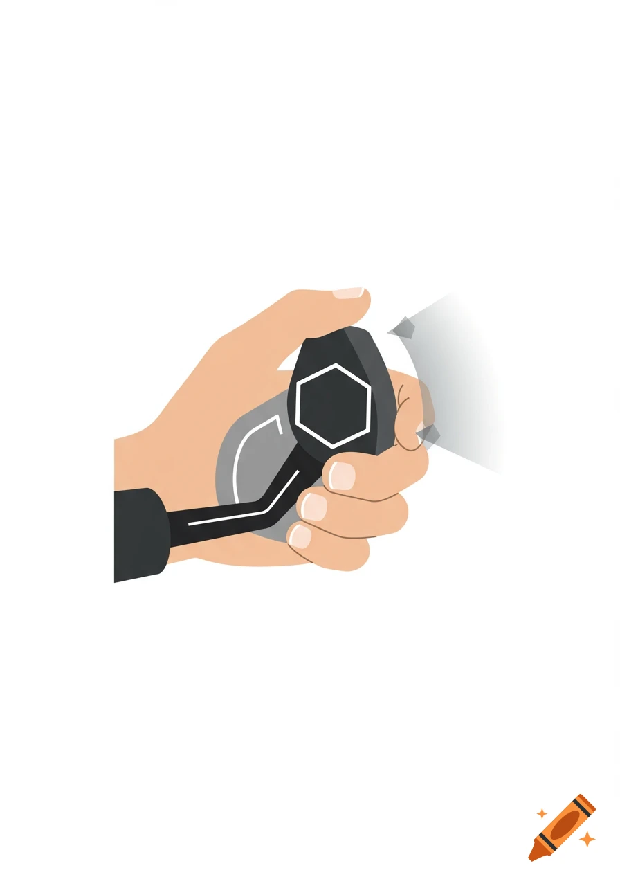 A vector illustration of a hand holding and turning a black lever with a white hexagon outline.