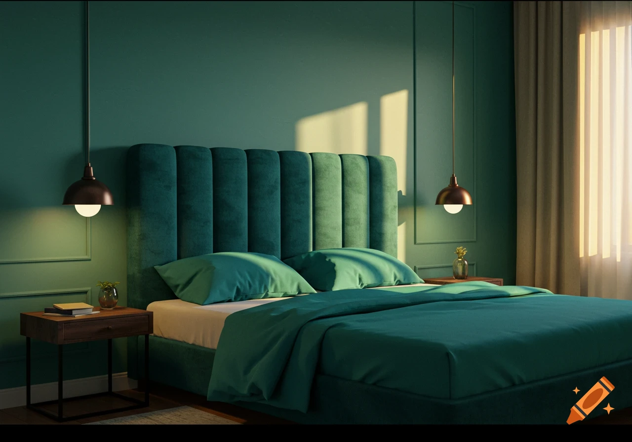 A photorealistic bedroom with a dark teal velvet headboard, turquoise walls, and matching sheets, illuminated by pendant lights.