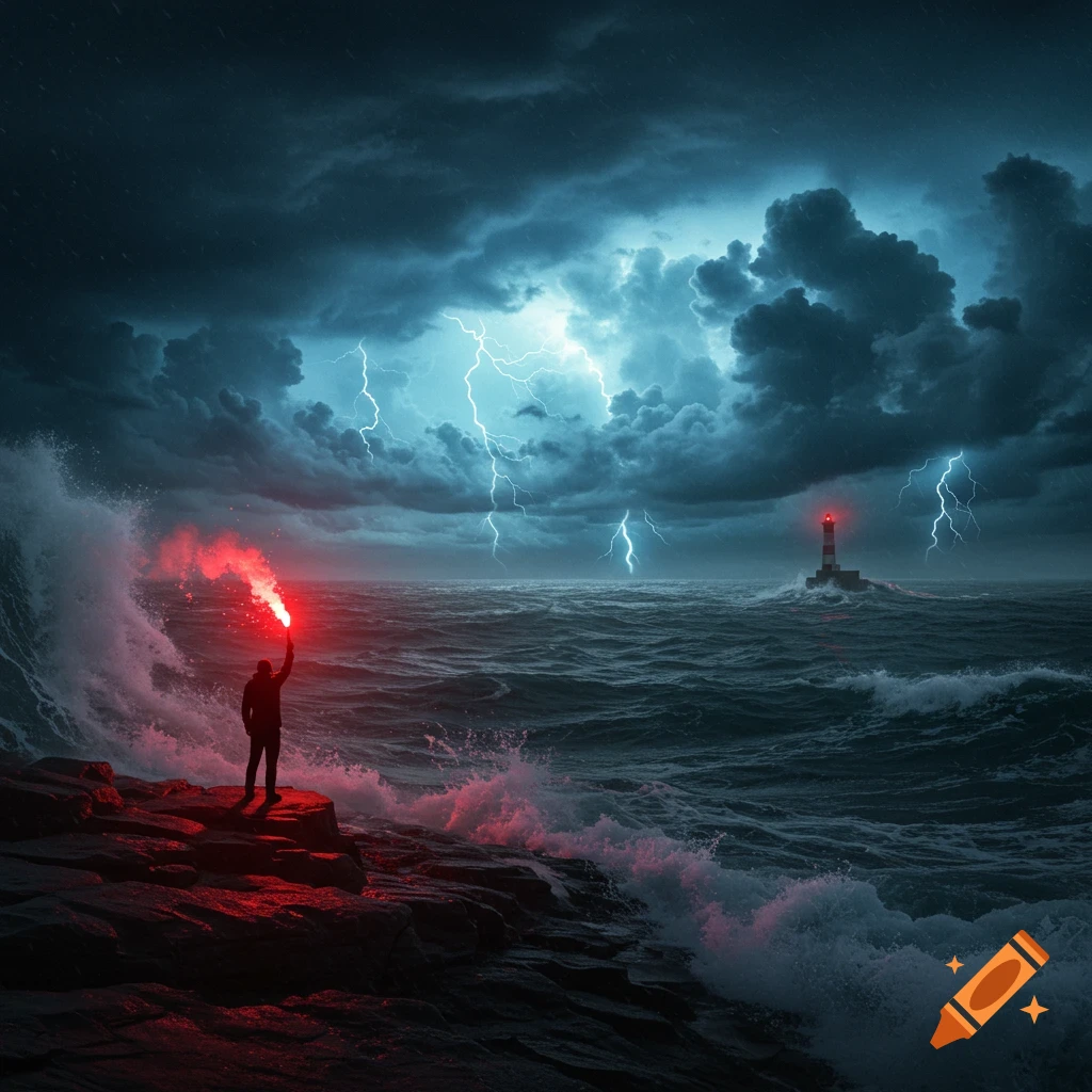 A person holds a red flare on a rocky shore during a fierce lightning storm with a lighthouse in the distance.