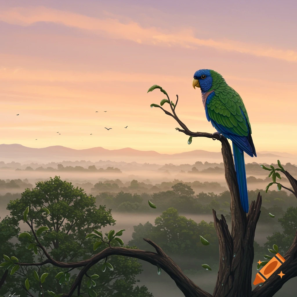 A vibrant green and blue parrot perches on a tree branch overlooking a misty forest and mountains at sunrise, digital art.