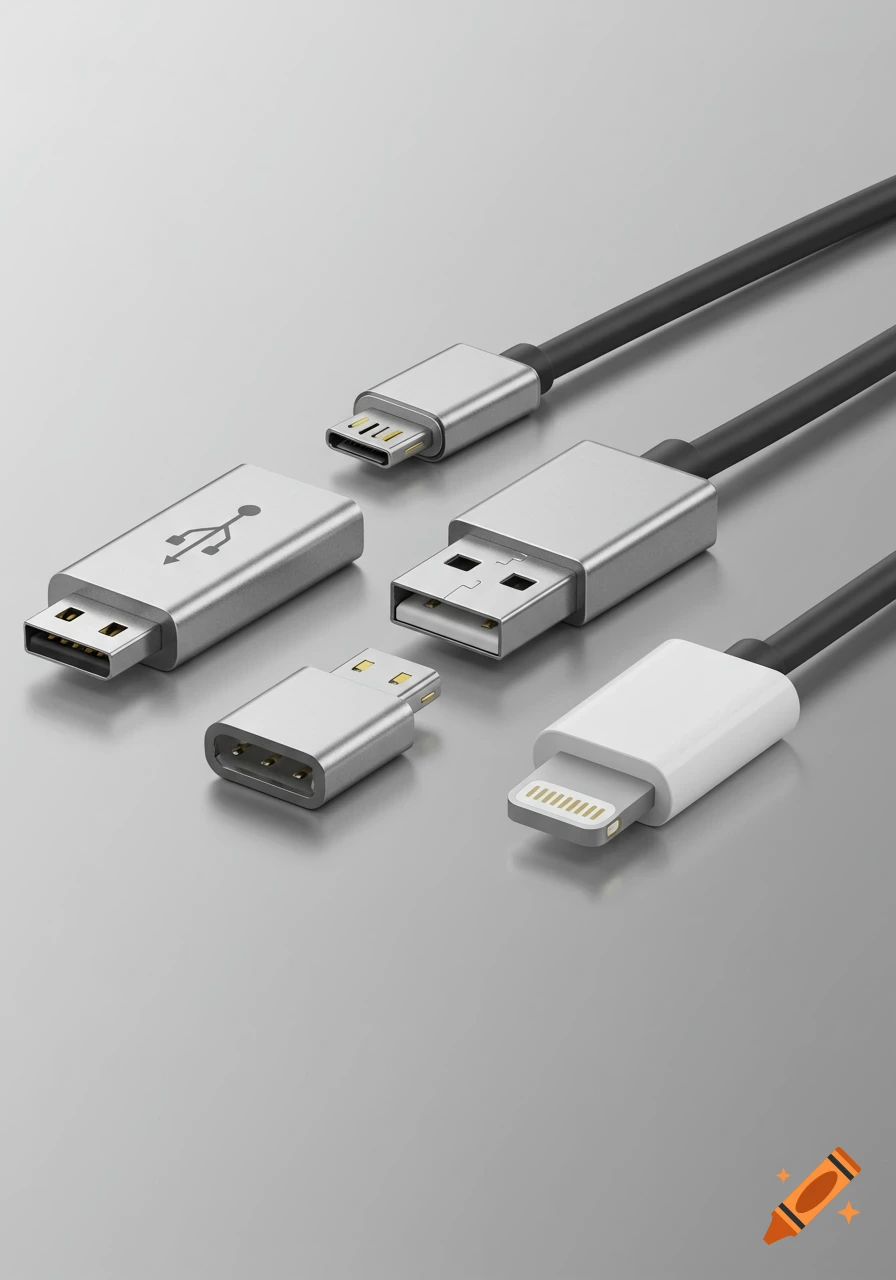 A close-up view of various USB and Apple Lightning cables and adapters on a grey surface.