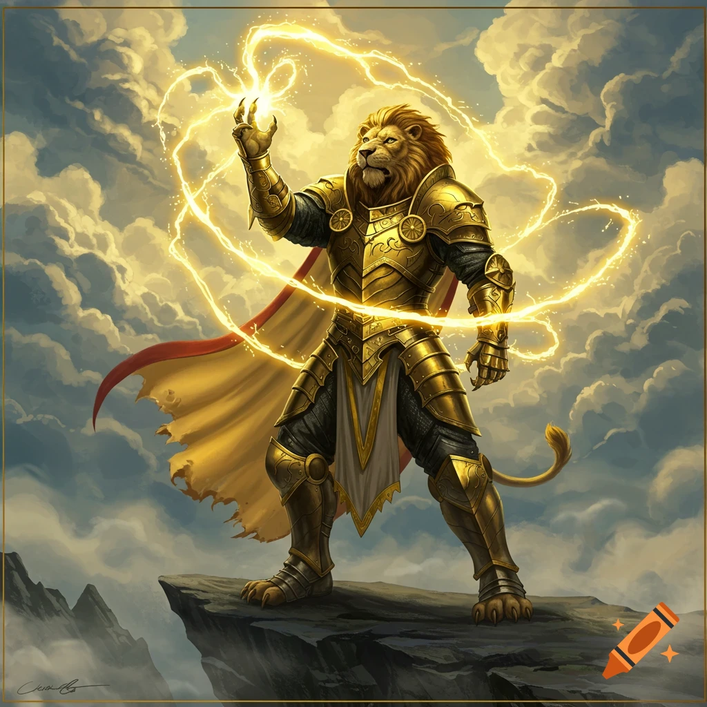 A majestic lion-headed knight in ornate golden armor stands on a cliff, summoning golden lightning amidst a cloudy sky.