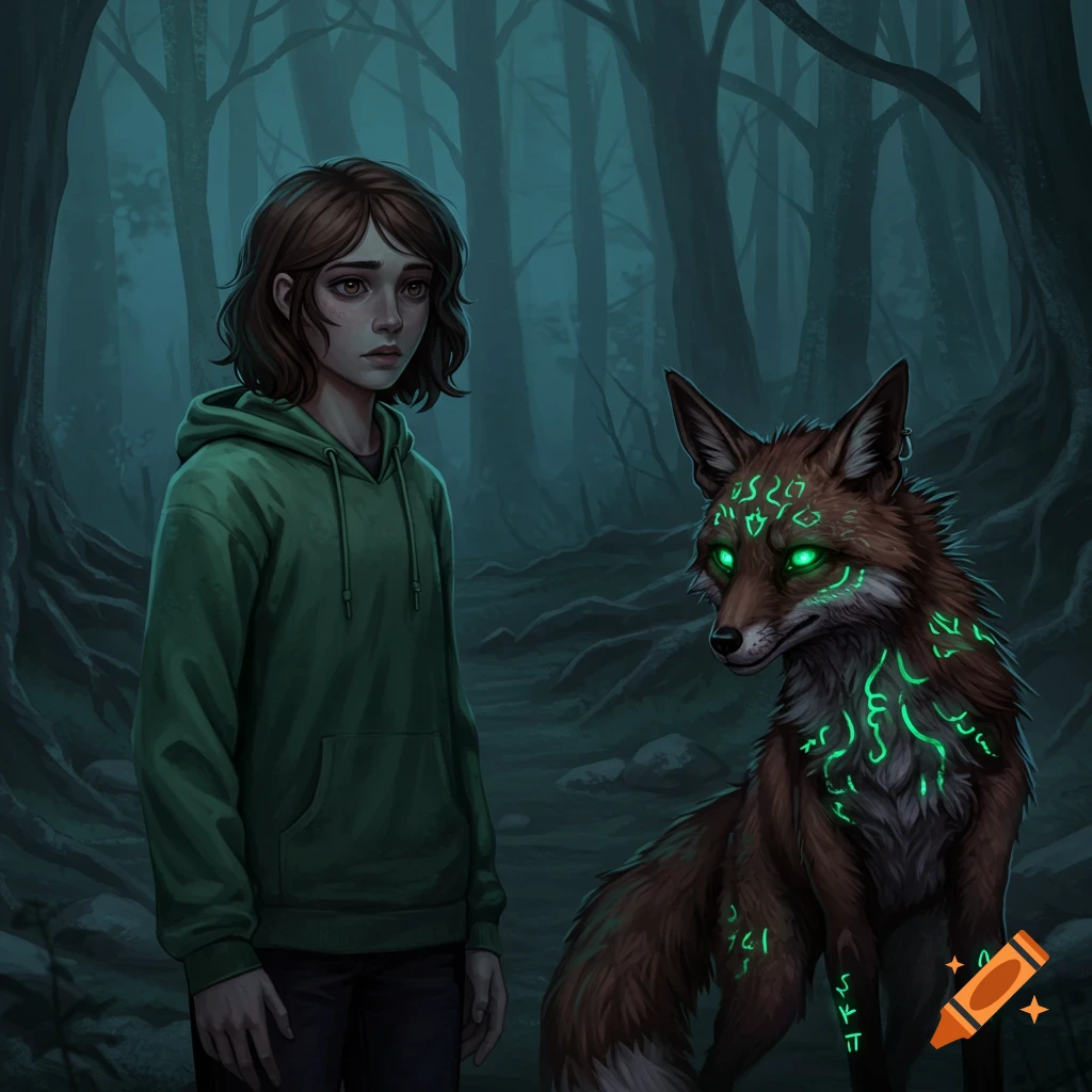 A young girl in a green hoodie stands next to a brown fox with glowing green eyes and symbols in a dark, eerie forest, digital painting.