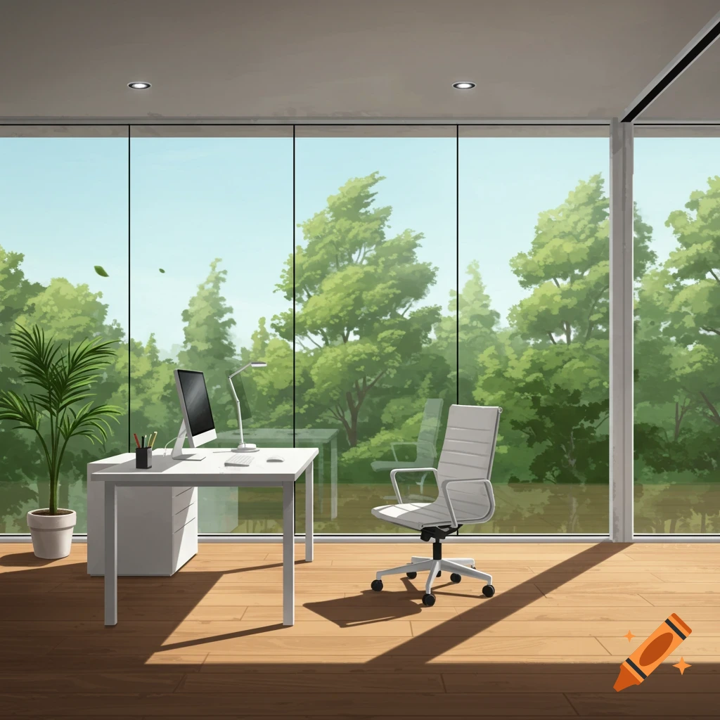 Modern office with white desk and chair looking out a large window at a lush green forest, digital illustration.