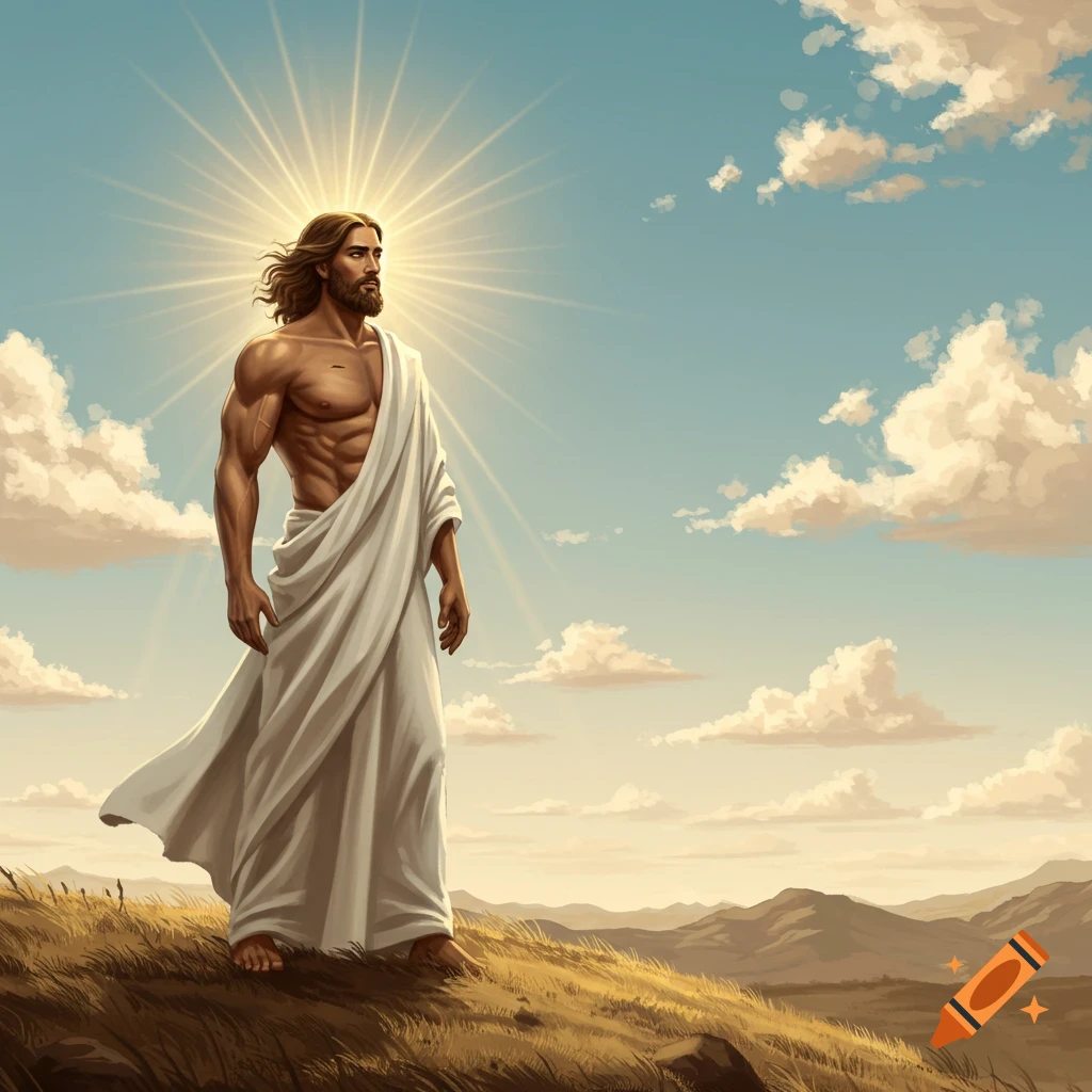 Muscular Jesus Christ stands on a hill, bathed in sunlight, looking towards the horizon.