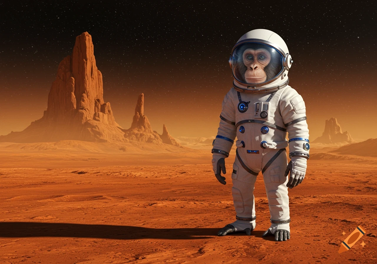 A photorealistic monkey in a white astronaut suit stands on the red, rocky surface of Mars under a starry sky.