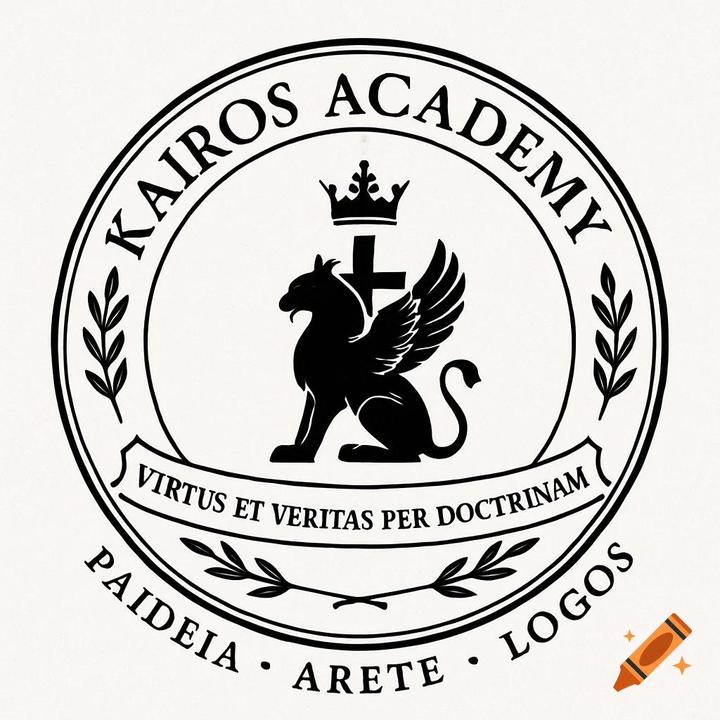Black and white circular Kairos Academy logo with a griffin, crowned cross, and Latin motto.