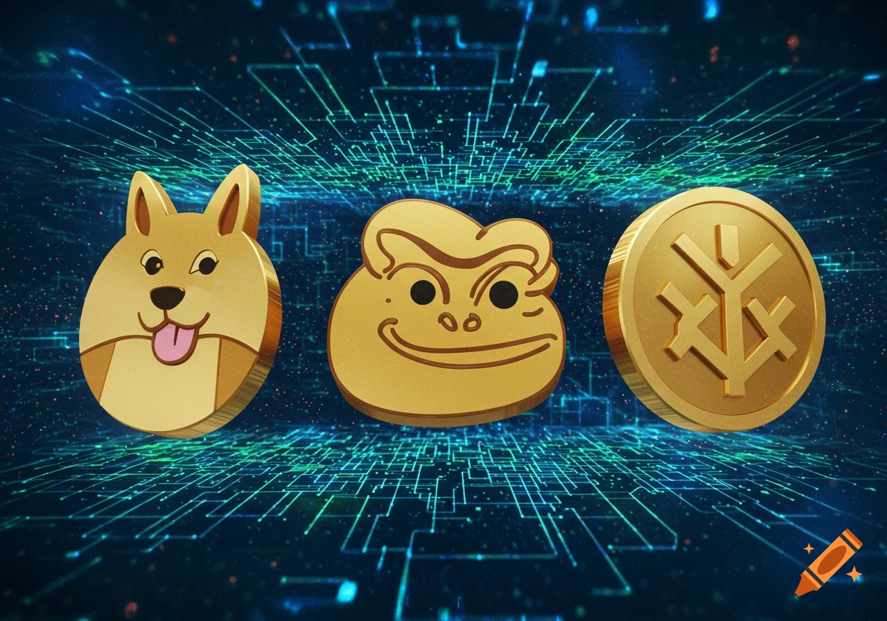 Three golden cryptocurrency icons: Doge, Pepe, and Floki, float above a blue digital circuit board background.