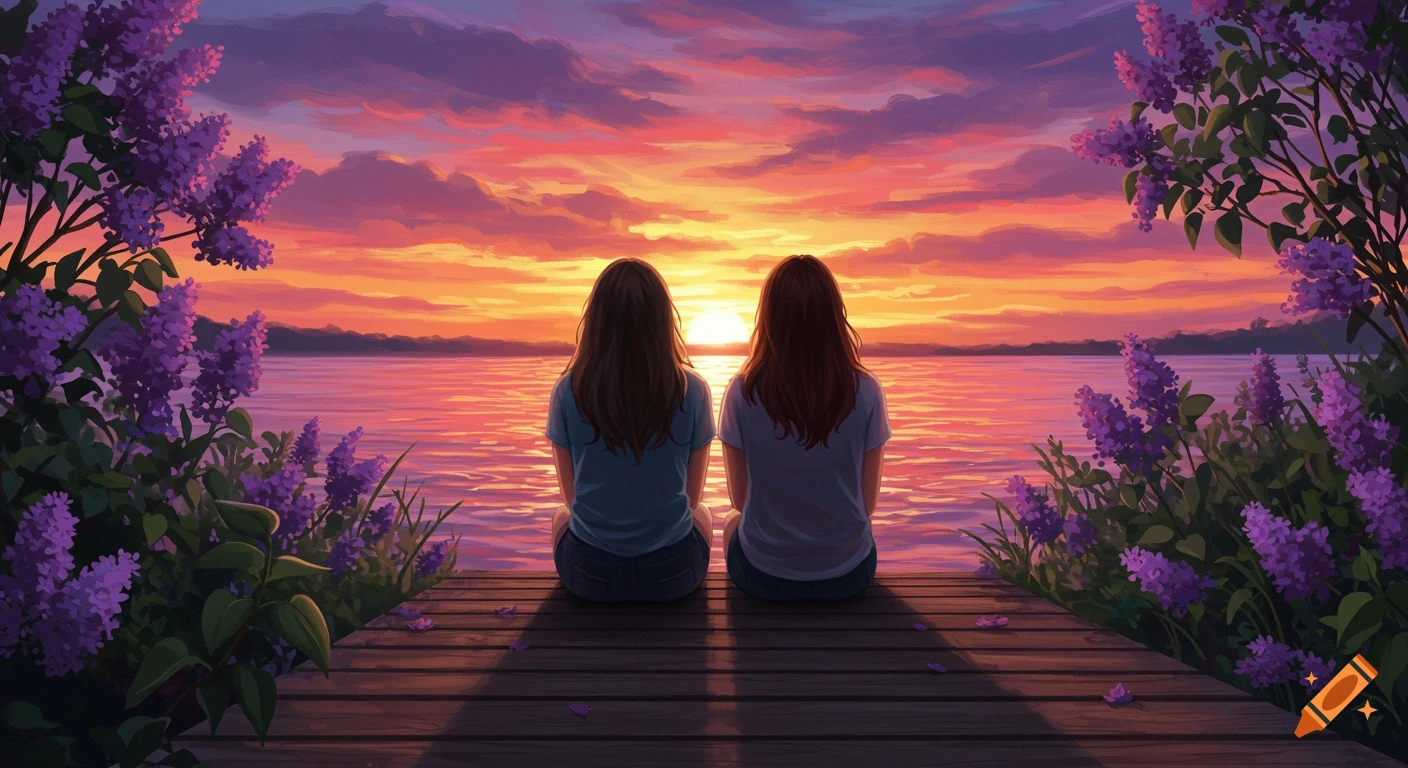 Digital art of two people on a pier watching a vibrant sunset over a lake, framed by purple lilac flowers.