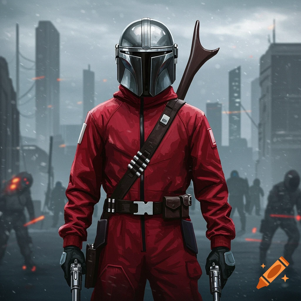 A character wearing a Mandalorian helmet and a red Squid Game-style suit stands in a dystopian city, holding two pistols.