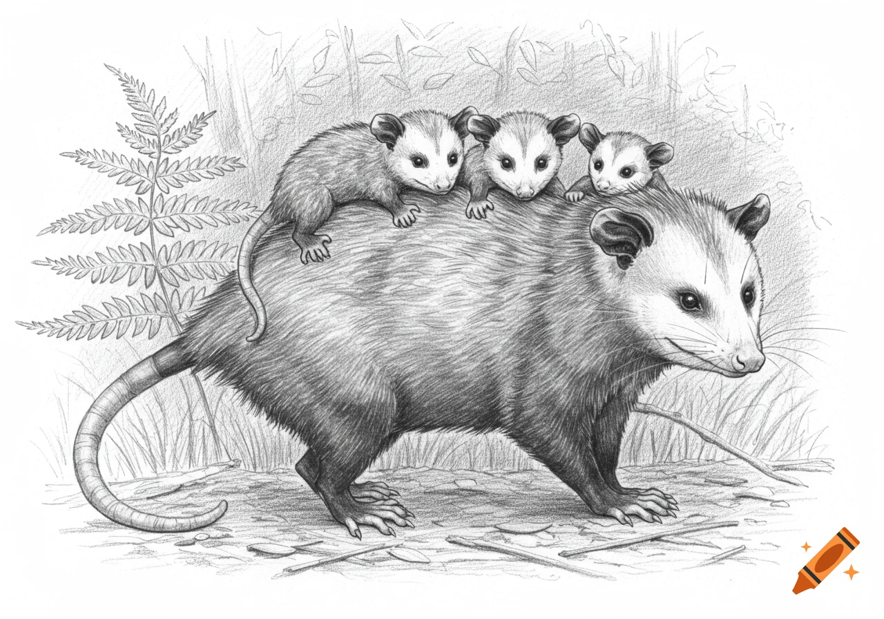 Pencil drawing of a mother opossum carrying three babies on her back.