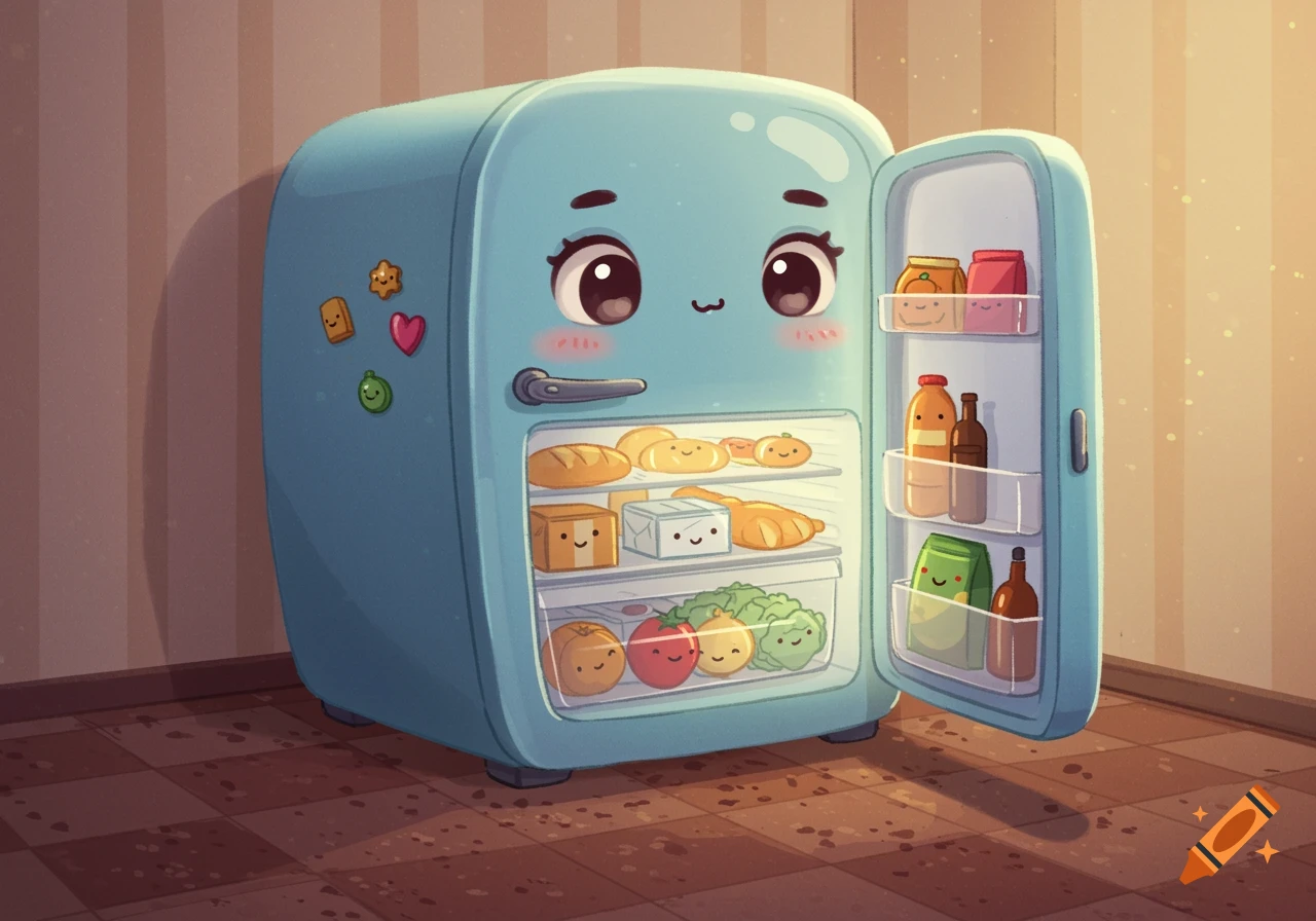 A cute, light blue cartoon refrigerator with a smiling face, open to reveal shelves of happy, smiling food items inside, in a warm, illuminated room.