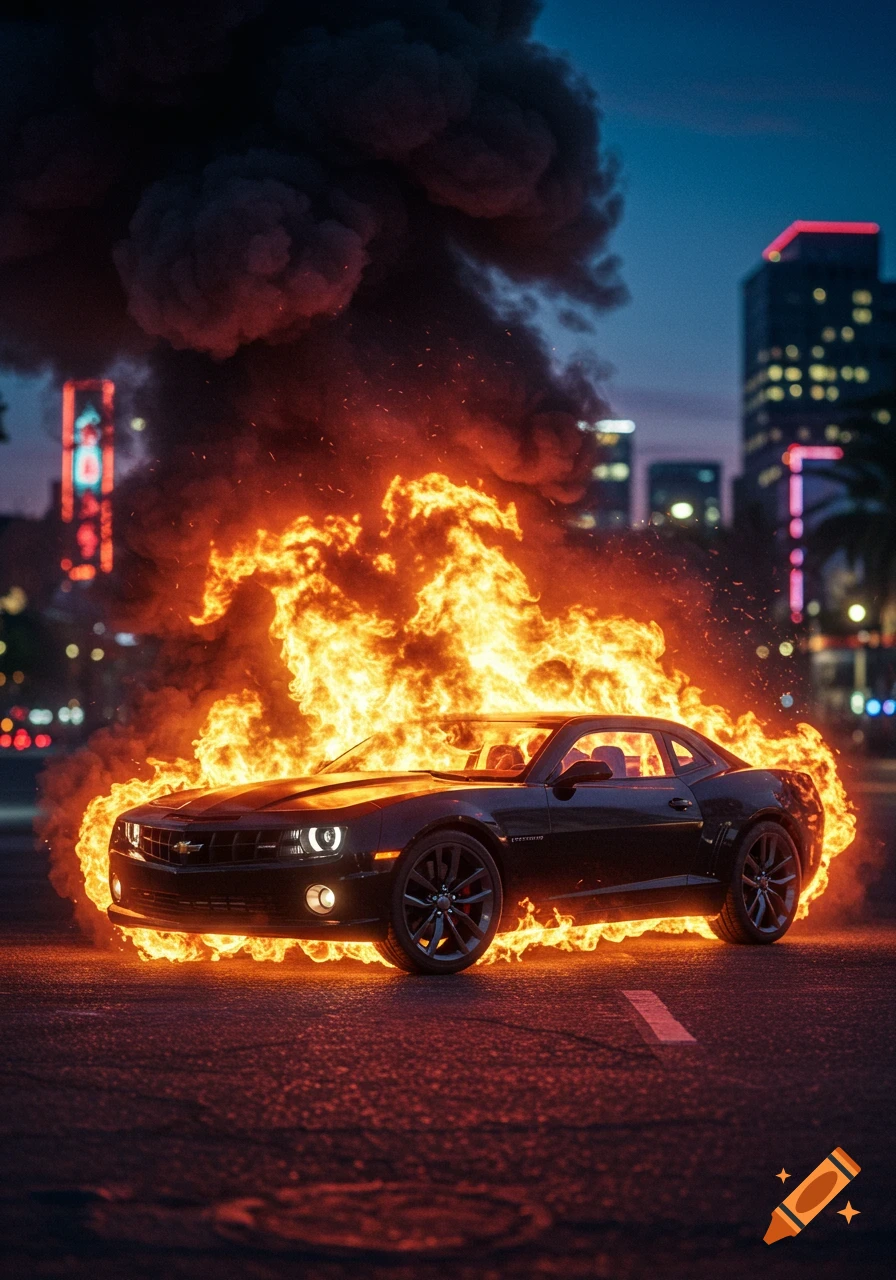 A black Chevrolet Camaro sports car is engulfed in bright orange flames and dark smoke on a city street at night, with buildings in the background.