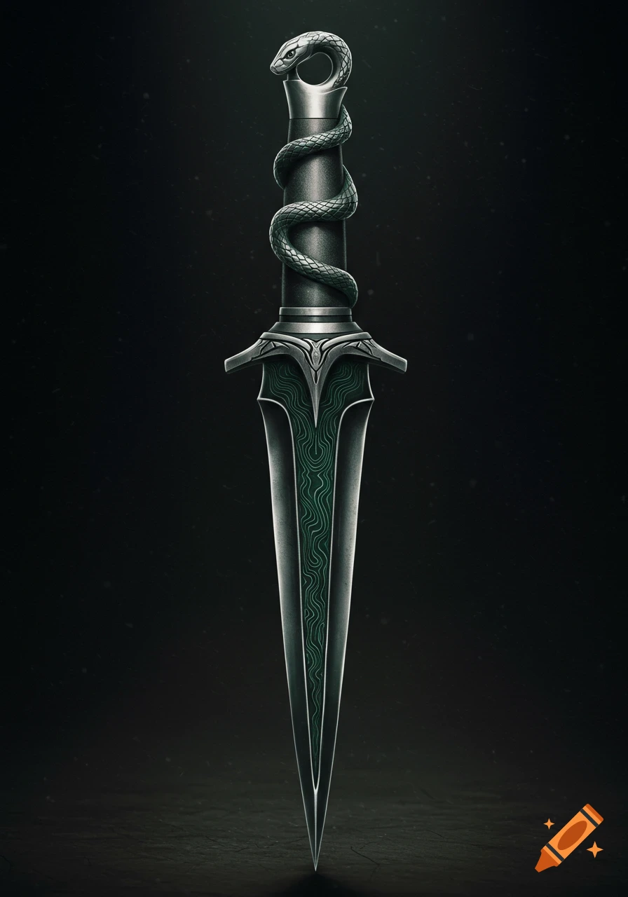 A fantasy dagger with a dark silver blade, green snake-like patterns, and a gray handle wrapped by a silver snake forming a ring.