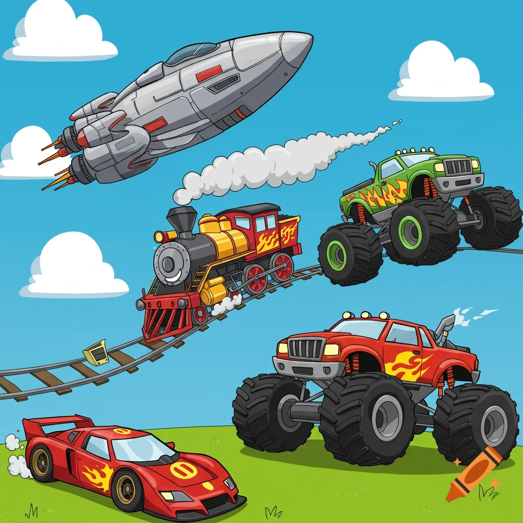 A colorful clip art style image depicting a grey spaceship flying in a blue sky, a red and yellow train on tracks, a green monster truck, a red monster truck, and a red race car on green grass, all against a blue sky with white clouds.