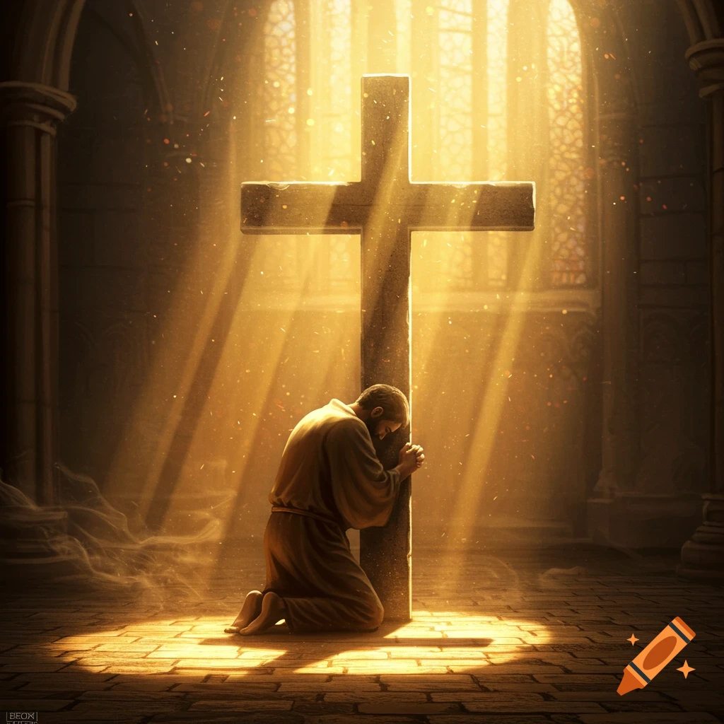 A man kneels in prayer, embracing a large wooden cross, bathed in golden light rays streaming through church windows.