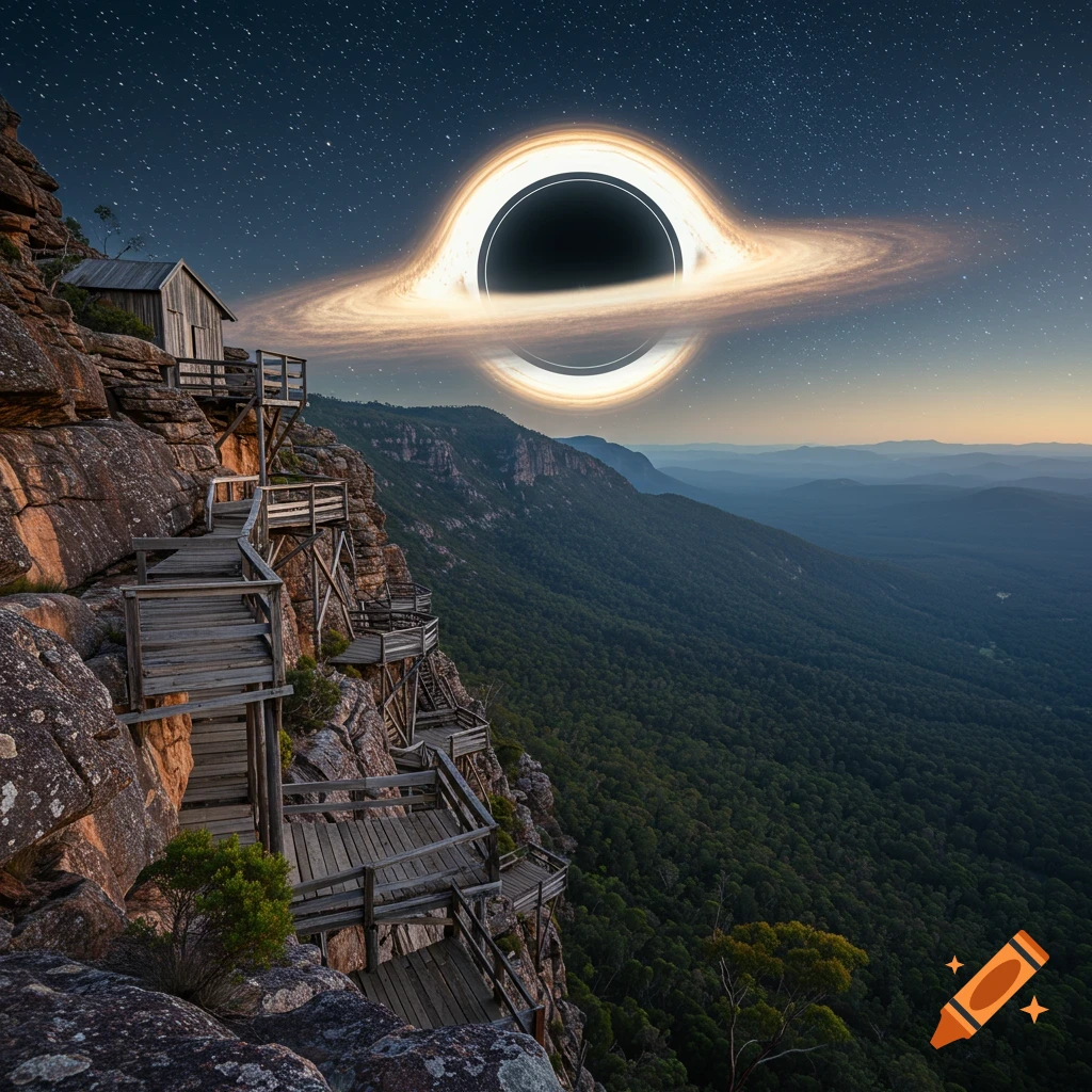 Photorealistic image of wooden walkways and a cabin on a rugged cliff overlooking mountains, with a glowing black hole in the starry night sky.