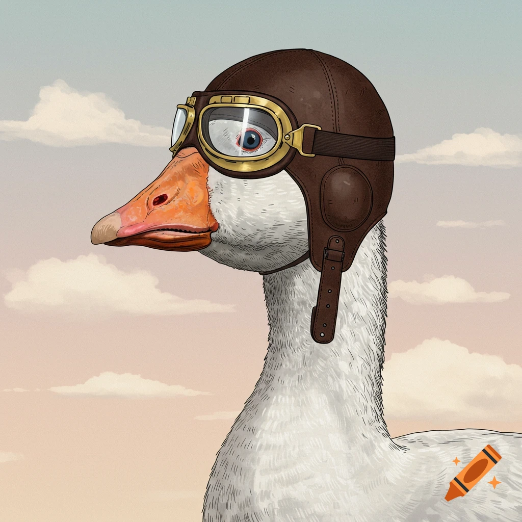 Side profile illustration of a white goose wearing a brown leather pilot helmet and goggles against a cloudy sky.