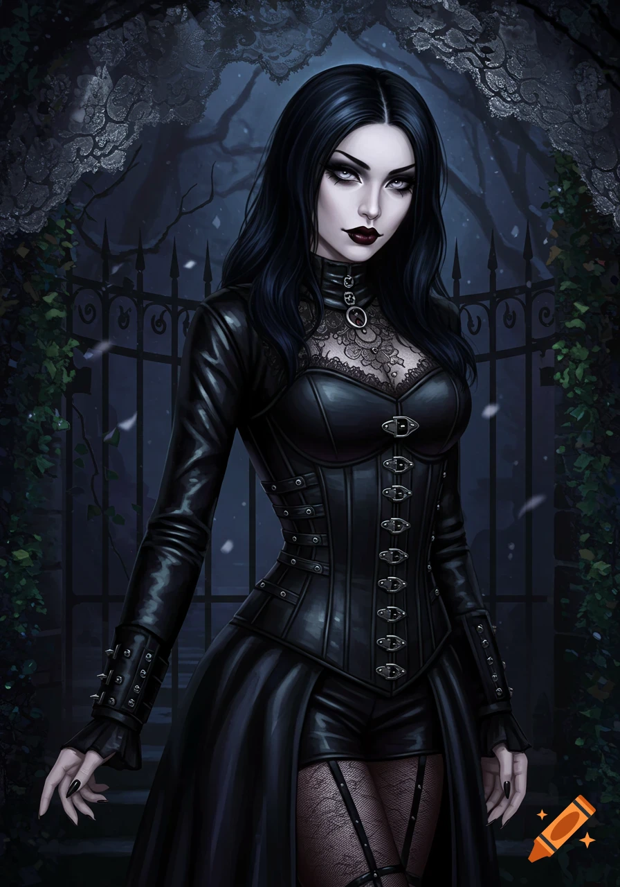 A striking gothic woman in black leather and lace stands before a dark, ornate gate in a stylized dark fantasy illustration.