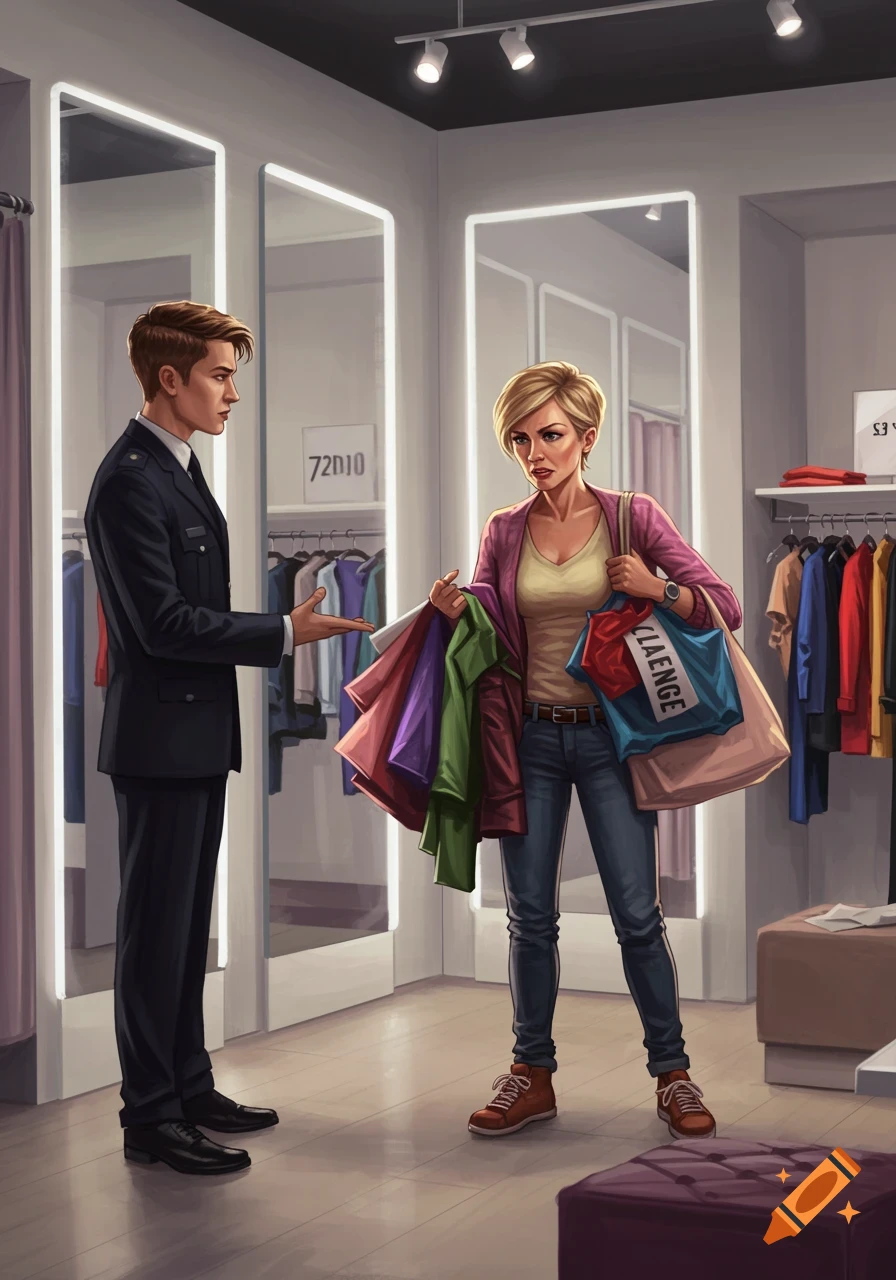 An illustration depicts a man in a suit talking to a woman holding multiple shopping bags inside a clothing store.