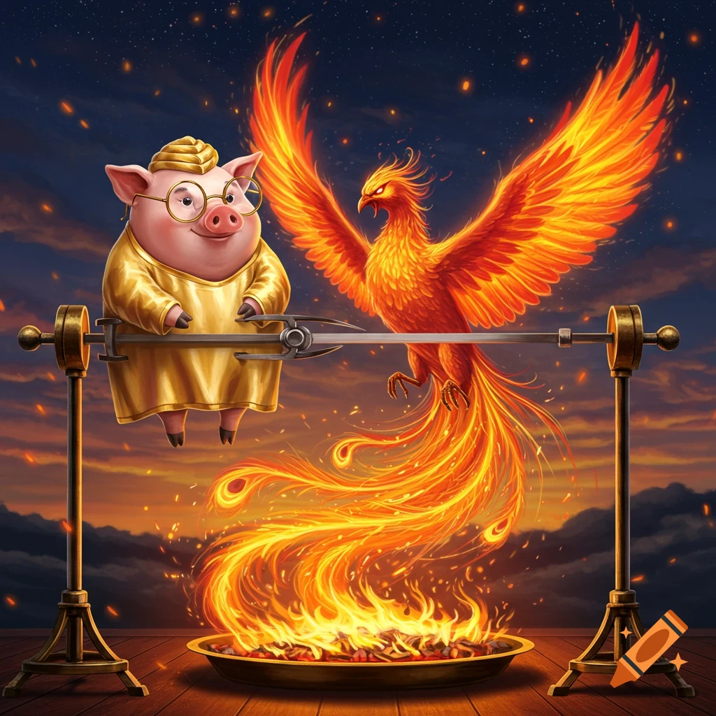 An anthropomorphic pig in a gold tunic and glasses stands on a rotisserie next to a fiery phoenix, with flames blazing below.