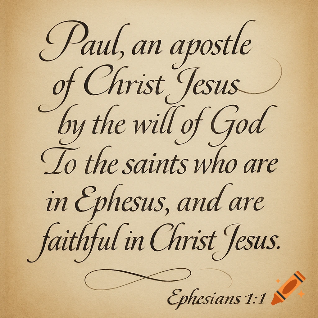 Calligraphic Bible verse Ephesians 1:1 on a parchment background.