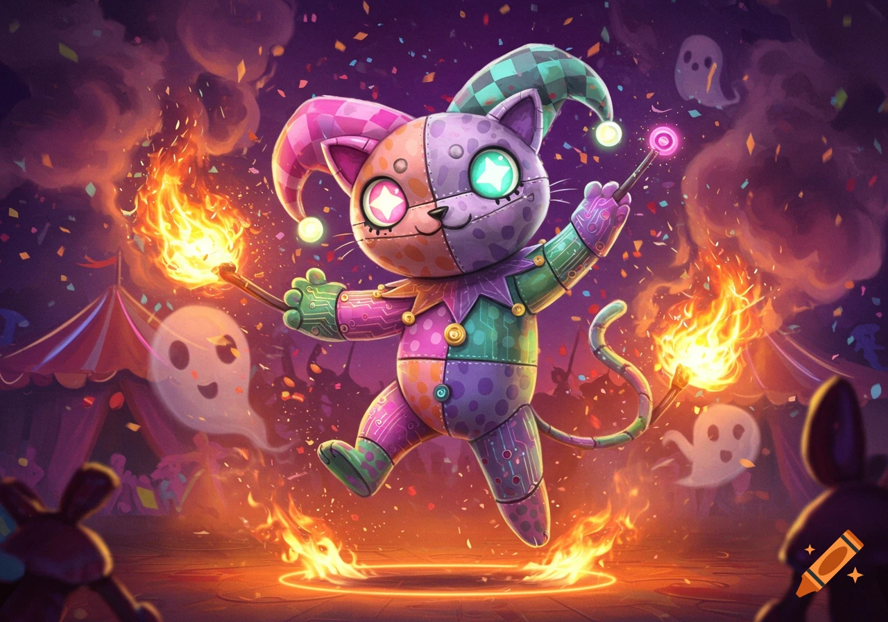 A vibrant, patchwork robotic jester cat dances with fire torches amid confetti and ghosts at a psychedelic circus.