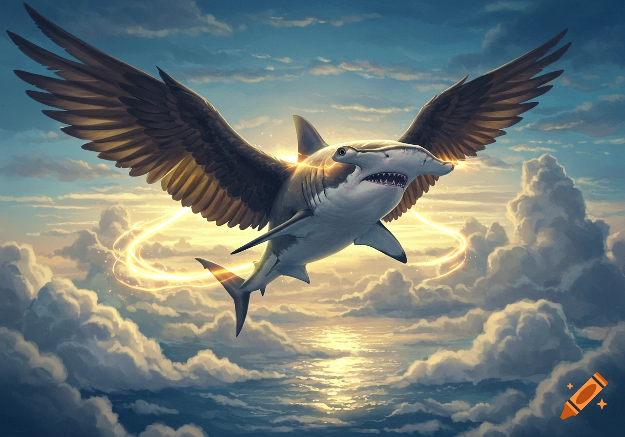 A hammerhead shark with large eagle wings flies through a cloudy sky above an ocean, with glowing energy trails.