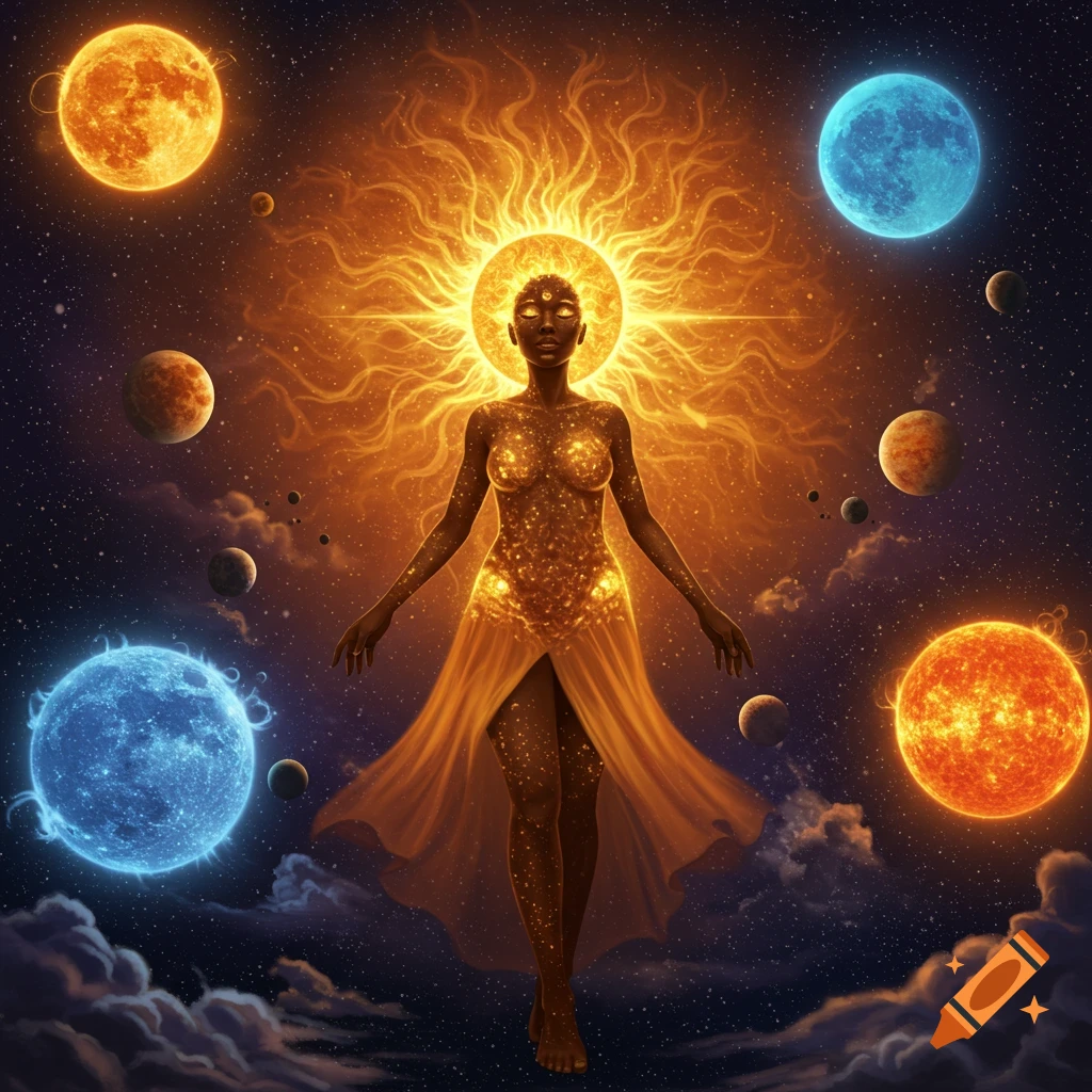 A dark-skinned woman with a fiery sun aura and glowing body, surrounded by planets and smaller suns in a cosmic sky.