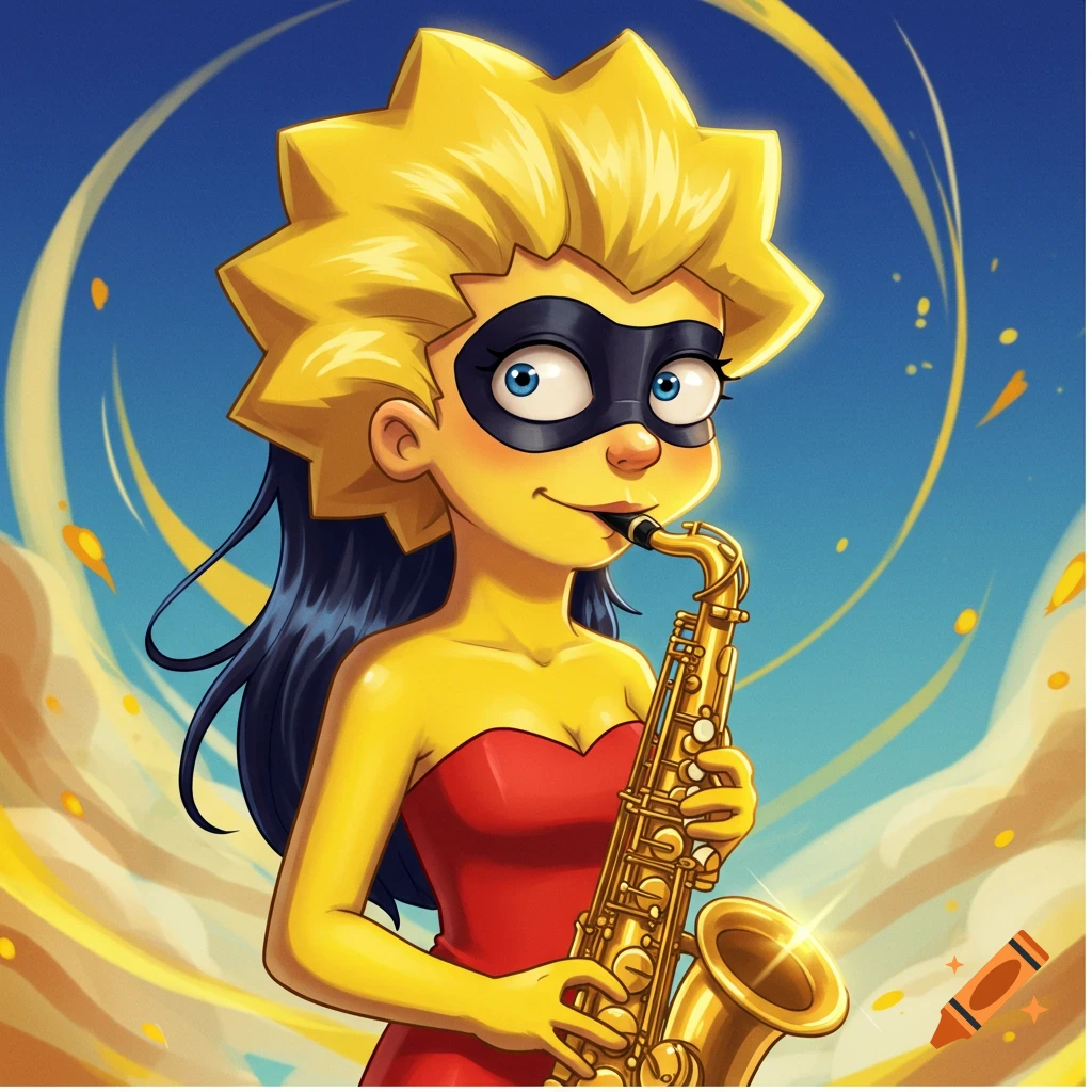 Cartoon character resembling Lisa Simpson and Violet Parr playing a saxophone in a red strapless dress against a blue and yellow background.