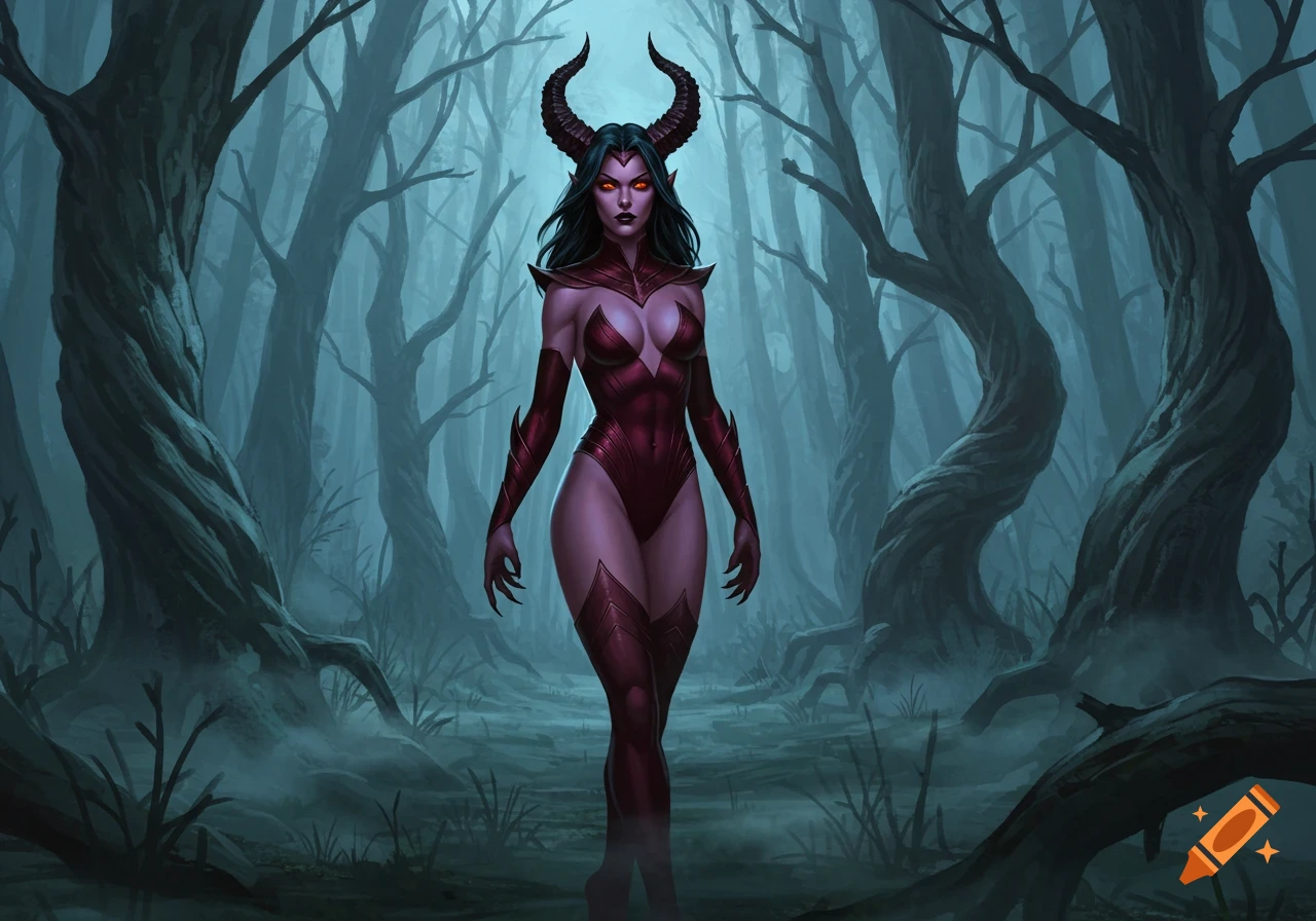 A powerful, horned demon woman with glowing eyes stands in a dark, misty forest, fantasy art style.