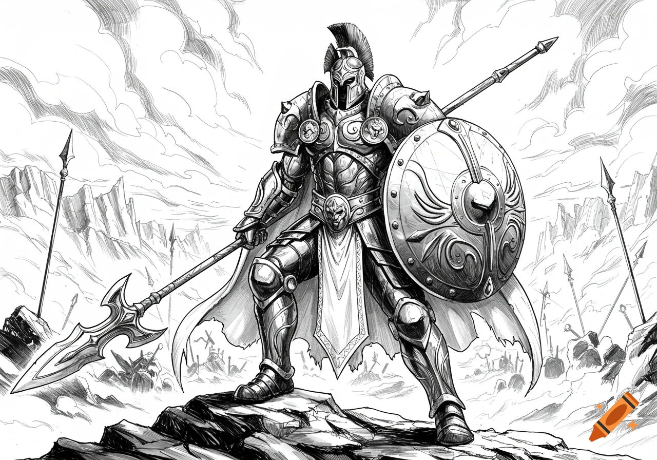 Black and white sketch of an armored fantasy warrior with a spear and shield on a rocky battlefield.