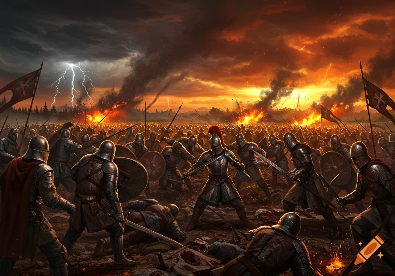 A large-scale medieval battle with armored knights fighting under a fiery, stormy sky with lightning and smoke.