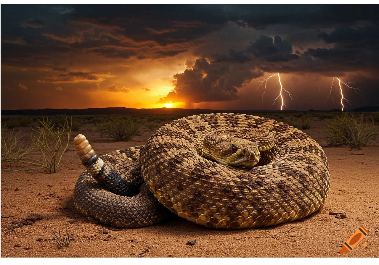 A coiled rattlesnake in a desert landscape at sunset, with lightning striking in the stormy sky.