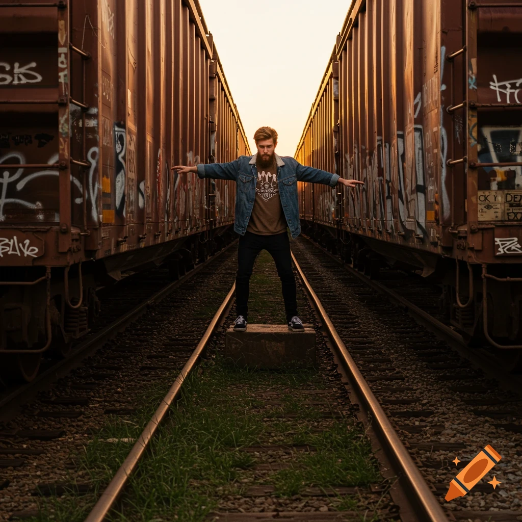 A bearded man stands with outstretched arms on a concrete block between two long trains on a railroad track, at sunset.