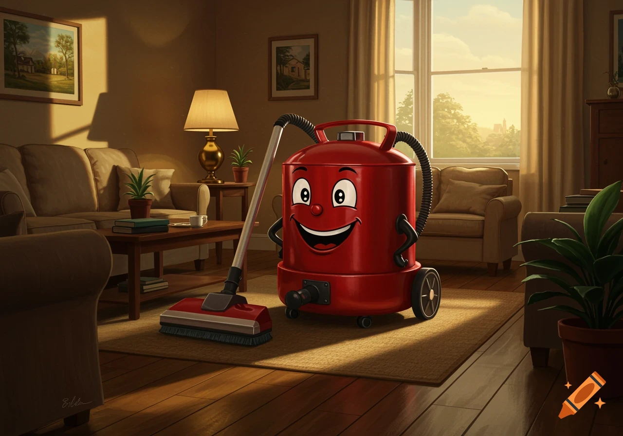 A cheerful red cartoon vacuum cleaner with a smiling face stands on a rug in a sunlit living room with a couch and lamp.