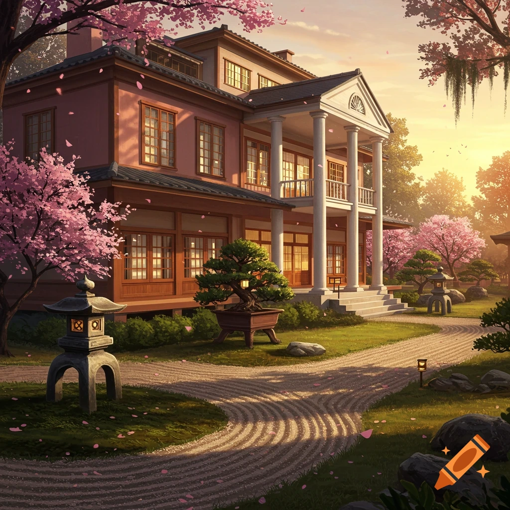 A large house with columns and Japanese architectural elements, surrounded by a cherry blossom garden with a raked sand path.