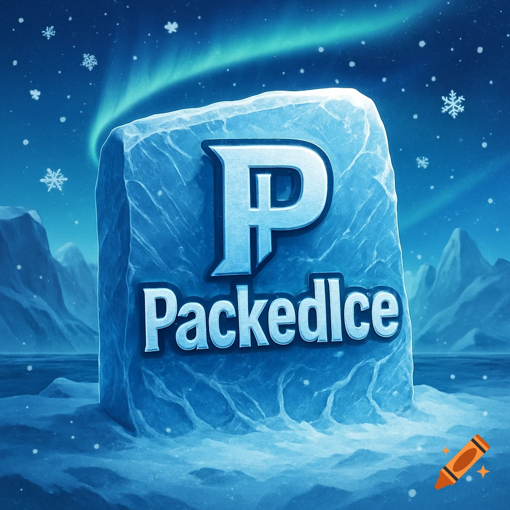 A large ice block with 'P' and 'PackedIce' on it, in a snowy landscape with aurora borealis.