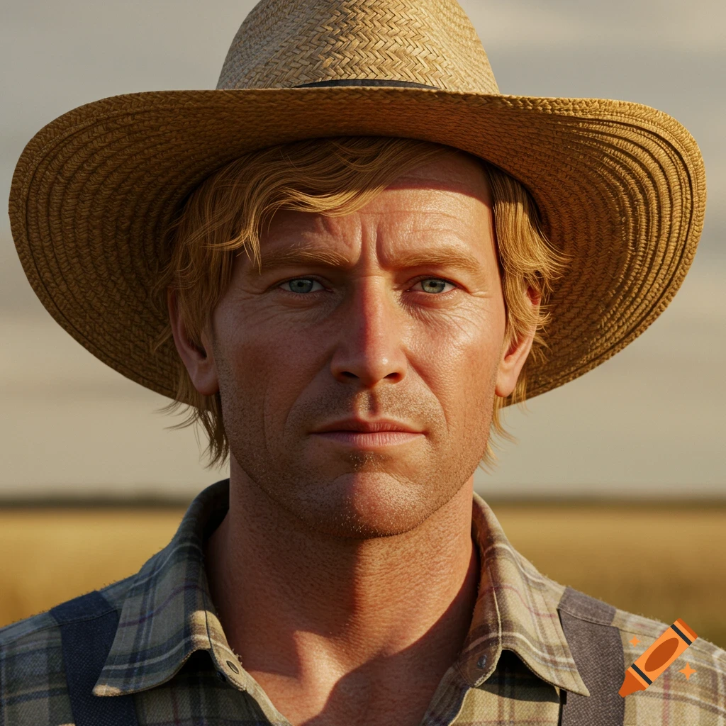 A close-up portrait of a man with reddish-blonde hair wearing a straw hat and plaid shirt, in a field.