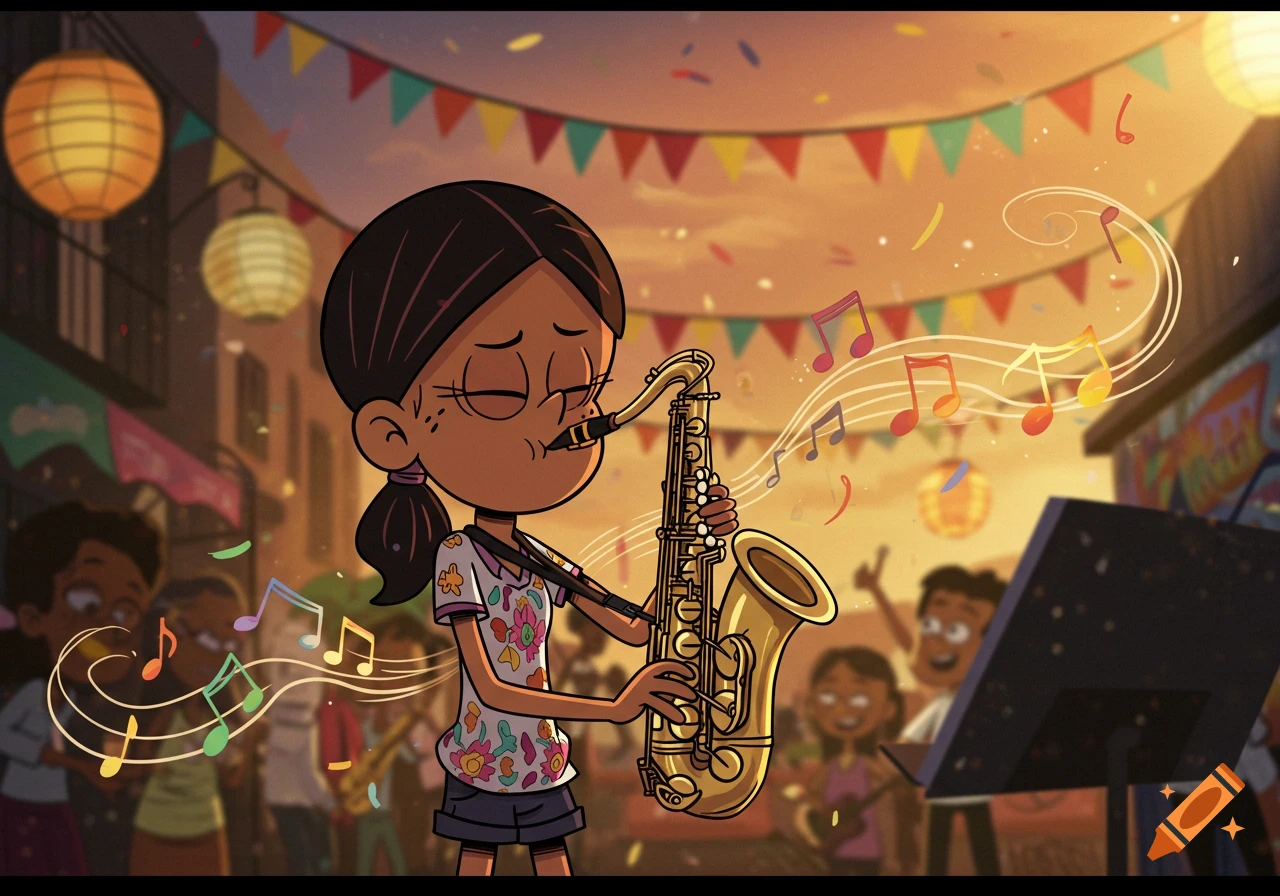 Ronnie Anne Santiago playing saxophone at a vibrant outdoor festival with lanterns and bunting in a cartoon style.