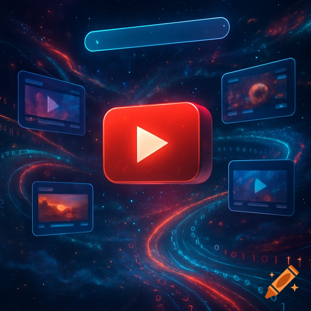 A vibrant 3D YouTube logo with video thumbnails and a search bar floats in a dark, glowing cosmic digital space.