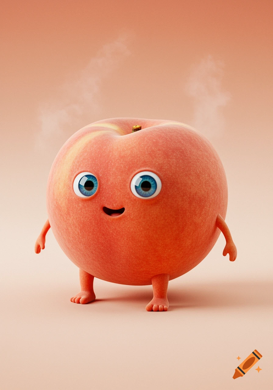 A cute anthropomorphic peach character with big blue eyes, a cheeky smile, small arms, and feet, on a peach-colored background.