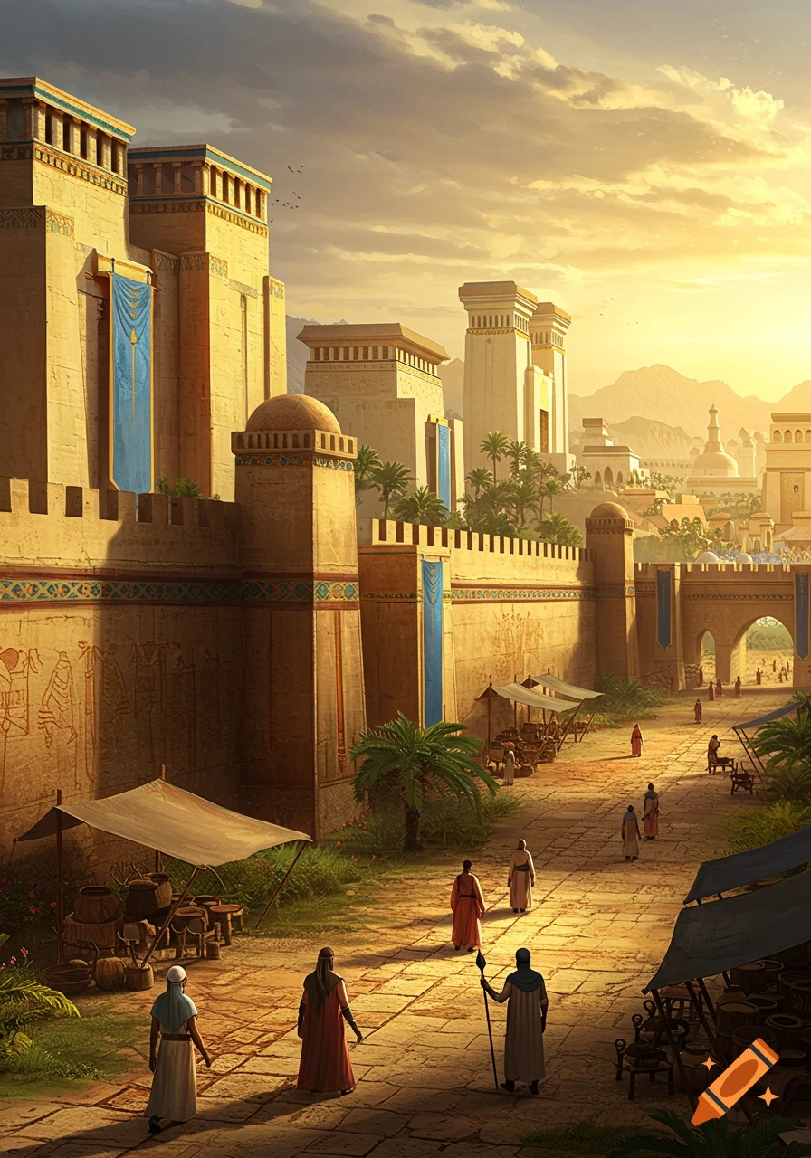 A majestic ancient city with towering walls, temples, and people on a sunlit street at sunset.