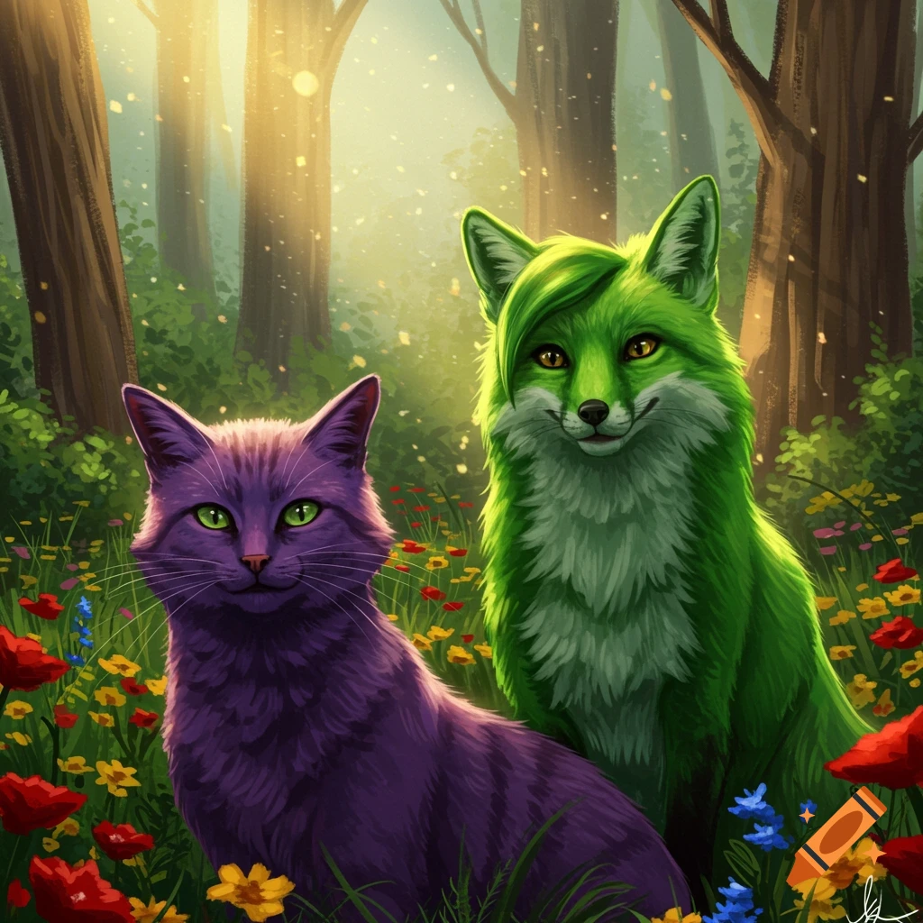 A purple cat and a green fox with a stylized haircut sit amongst vibrant wildflowers in a sunny forest.