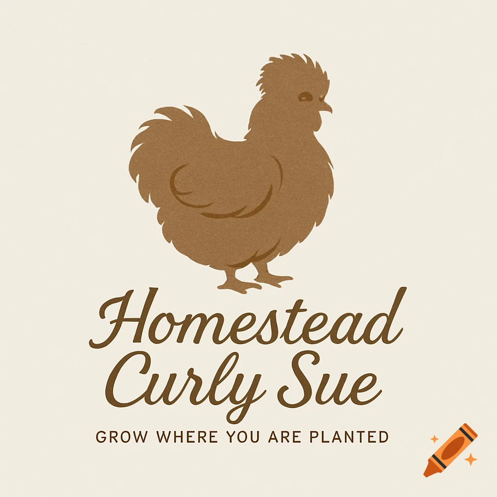 Brown silky chicken logo with text Homestead Curly Sue and Grow Where You Are Planted.
