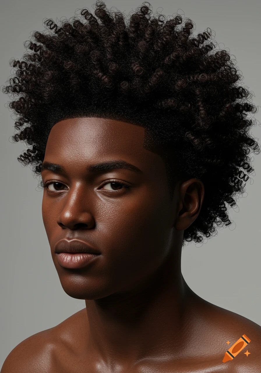 Photorealistic studio portrait of a young Black man with voluminous curly hair, a fresh fade haircut, and glowing skin.
