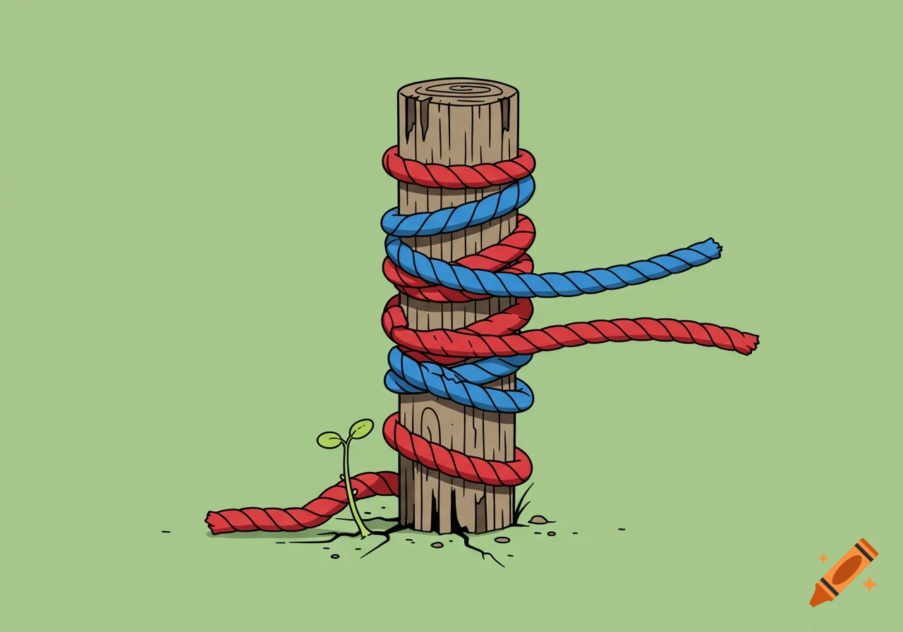 A simple clipart illustration of a wooden post tightly bound with red and blue ropes, with a small green sprout growing at its base.